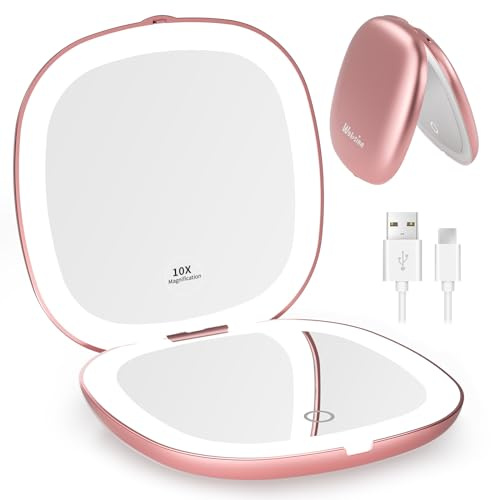 WOBSION Specchio Portatile con Luce Led per Trucco,USB Ricaricabile Specchietto da Viaggio 10X / 1X ingranditore,Regolabile Luminosità Mirror da Borsetta,a Specchi illuminato Bifacciale,Oro Rosa