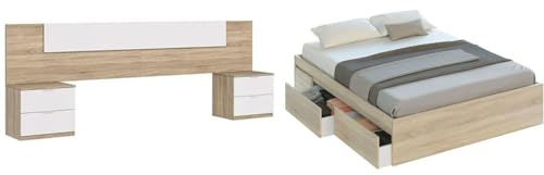 HABITMOBEL Cama Dormitorio con 4 Cajones Inferiores, Acabado Natural veteado y Cabezal con Mesitas De Noche