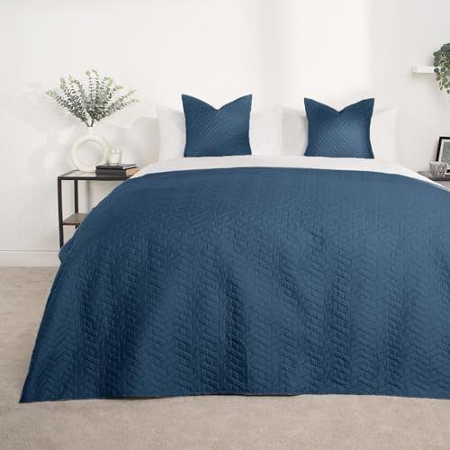 Brentfords Geometric Pinsonic Double Quilted Bedspread, Super Soft Luxurious Navy Blue Quilted Throw for Sofa Lightweight Double Throw Blanket for Bed, 150 x 200cm