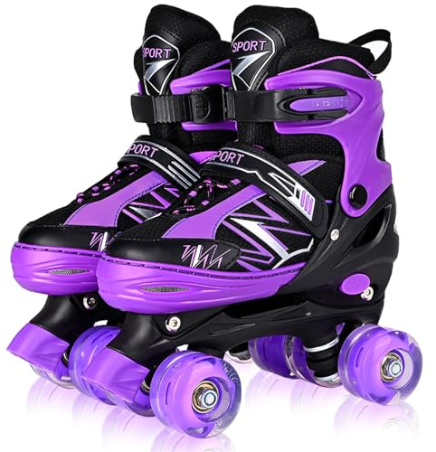 LOKJIJI Rollschuhe für Kinder Jungen Mädchen Anfänger, Einstellbar 4 Größen für Kinder und Jugendliche Teenager, Quad Schwarz & Violett Rollschuhe für Sport (Small_28-32 EU)