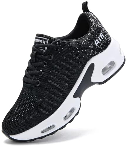 Running Shoes for Womens Trainers Air Cushion Arch Support Orthopedic Trainers Ladies Lace-up Comfor Breathable Mesh Non Slip Cushioned Sneakers Black White UK 7