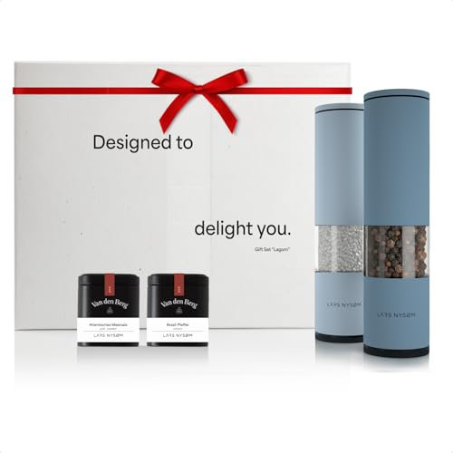 LARS NYSØM Gewürzmühlen & Gewürze Geschenkset - Salz und Pfeffermühlen Set mit 2 hochwertigen Gewürzdosen (Salz, Pfeffer) - Durch schöne Geschenkbox eine tolle Geschenk Idee (Blue)