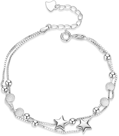 WeddHuis Bracelet Argent Femme, 2 en 1 Bracelet Etoile Perle Réglable, Double Argent Fin pour Ado, Bijoux Cadeau Anniversaire, Bracelet Fille 12 Ans.