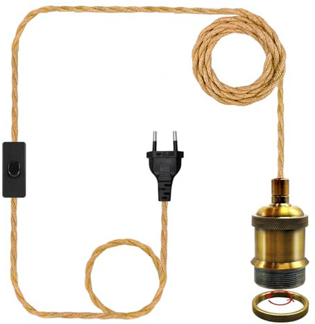 510CM Lampara de Cuerda con Enchufe, E26 E27 latón Antiguo Base de Vintage Lámpara Cuerda Colgante, Portalámparas Colgante Metal con Interruptor DIY Lámpara de Techo