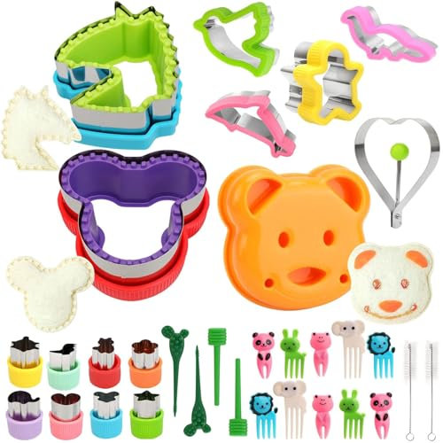 32PCS Sandwich & Cookie Cutter Set for Kids, Cartoon Fruit & Vegetable Shapes with Comfortable Handle, Easy-Release Sandwich Mold for Chocolate, Candy & Dessert with Food Picks & Forks
