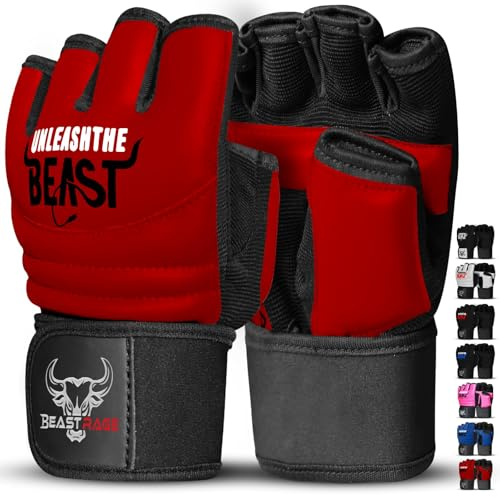 BEAST RAGE Punch Bag Taekwondo Karate Gloves for Men and Women,Half Finger MMA Kickboxing Sparring Martial Arts Boxing Fight Gloves Training Light Workouts,Muay Thai,Karav MAGA (Red, M)
