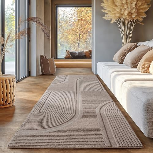 SIMPEX Einfarbiger Skandinavischer Boho Teppich Beige 80x150 cm, Waschbarer Deko Teppich mit 3D-Effekt Wohnzimmer und Schlafzimmer