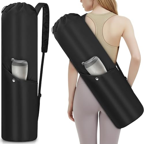 AKOZLIN Yoga Mat Bag with Bottle Pocket Waterproof Yoga Mat Carrier Bag with Adjustable Strap &Yoga Mat Storage Cord for Gym,Class,Beach Park,Travel,Black