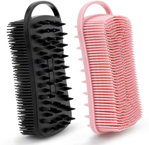 Silicone Body Scrubber, 2 in 1 Soft Silicone Loofah 2 Pack Exfoliating Body Scrubber Loofah for Women Men, Body Scrubber Shower Bath Shampoo Brush with Loop for Sensitive Skin Lather Well, Black &Pink