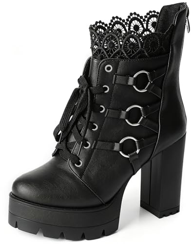 FOREADA Bottines noires à talons hauts pour femme - Bottines de combat à lacets gothiques à talons épais avec fermeture éclair, Noir à talons, 37 EU