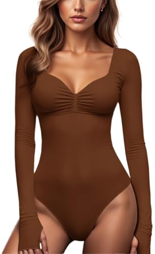 AOWVUTS Body de Manga Larga para Mujer Sexy Cuello en V Bodysuit Tops Tshirt Slim Fit Bodies Vestir Básico Leotardo Top Casual Body de Tanga Ajustado Camiseta Jumpsuit Elástico Traje para Cuerpo Mono
