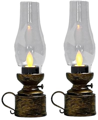 Fotogenlampa 2 st flamlös flimrande vintage oljelykta 18 x 5 cm orkanlampa med handtag batteridriven PP-olja för Halloween, jul, inomhus, utomhus, bronslykta