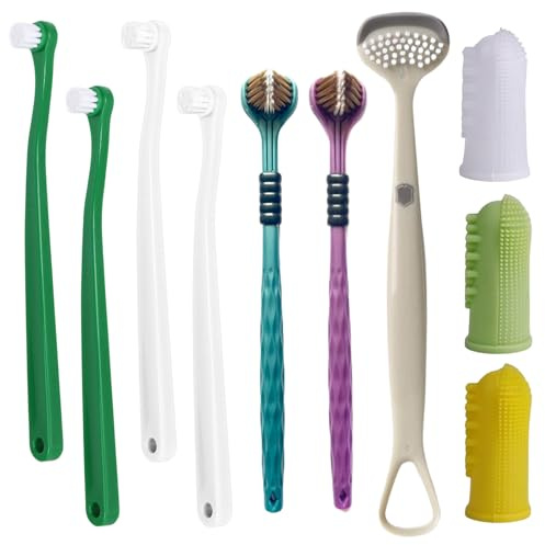 10 Pcs Dog Teeth Cleaning with 4 Puppy Toothbrush 3 Pet Finger Toothbrushes 2 Triple Heads and Tongue Cleaner Remove Plaque & Tartar Fights Bad Breath Deep Clean Cat Puppy Teeth Cleaning