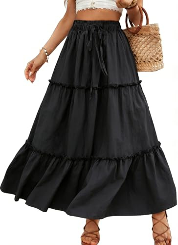 Vossmi Gonna Lunga Casual da Donna Gonne Donna Elegante Vita Alta Boho Floreale Skirt da Spiaggia A-Line Gonne Elastiche con Tasche Estiva Nero,M