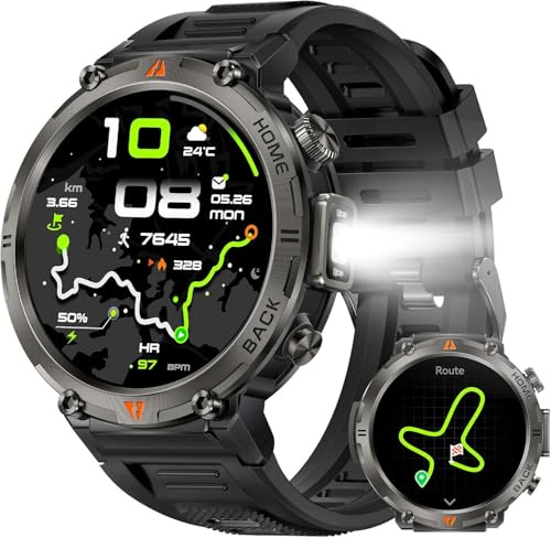 GPS Smartwatch Militare Uomo Impermeabile 3ATM con Torcia LED Bussola, 1,45 HD Rugged Smartwatch Orologio con Chiamate Bluetooth, Fitness Watch con Cardiaca SpO2 Notifiche WhatsApp per Android iOS
