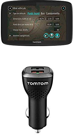 TomTom GO Professional 520 LKW-Navigationsgerät (Updates über Wi-Fi, 12,7 cm (5 Zoll), Smartphone-Benachrichtigungen) + Duales USB Auto-Schnellladegerät (geeignet für alle TomTom Navigationsgeräte)