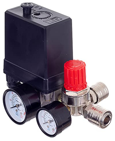 Tryckregulator 400 V med tryckbrytare, Med 2 mätindikatorer från 0 till 12 bar, Invändig gänga 1/4, Tryckbrytare för 400V kompressor, Tryckreducerare, Med snabbkopplingar, Automatisk avstängning, TYP PL400-2