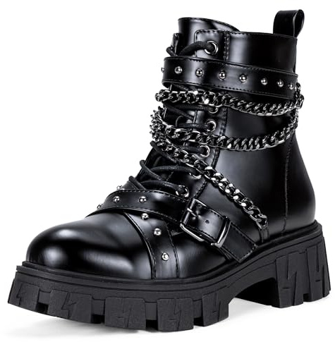 Jeossy Women's Black Combat Boots, Platform Motorcycle Boots with Chain Studded, Lace up Ankle Booties with Side Zipper, 9621 Size 7.5 (DJY9621 Black 07.5)