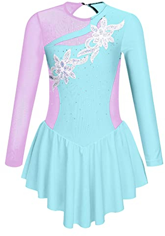 CHICTRY Eiskunstlauf Kleid Mädchen Langarm Rollschuhkleid Strass Glitzer Tanzbody Farbblock Patchwork Leotard Mit Wickelrock Dancewear Hellblau 122-128