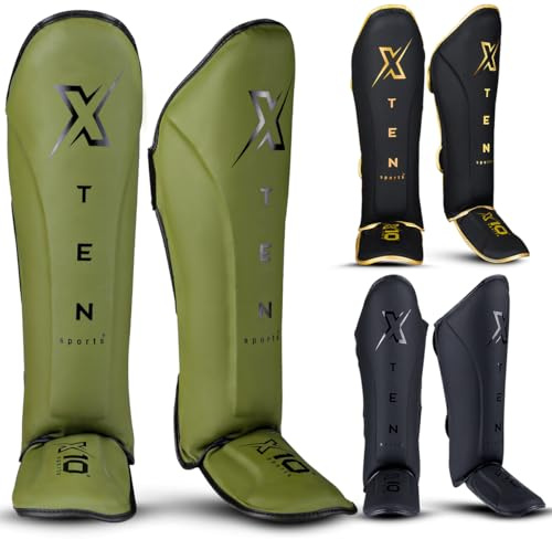 XTEN Shin Guards for Kickboxing, Muay Thai, MMA and Training Pads, Maya Hide Leather Instep Foam Protection, Leg Foot Protector for Martial Arts, Sparring, BJJ and Boxing Gear