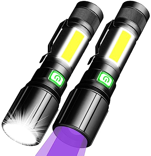 REHKITTZ Taschenlampe 3in1(mit Violettem, Weißem und Rotem Seitenlicht) 2000 Lumen Hell Led Aufladbar Extrem Langer Standby-Zeit UV (2 Stück)