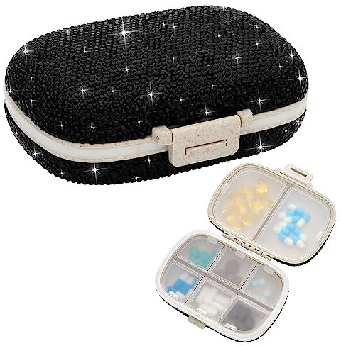 Soleebee Diamant Pillendose mit 8 Fächern, Bling Kleine Tablettenbox 7 Tage Mini Tablettendose Tragbare Pillenbox Tabletten Medizin Vitamin Organizer für Outdoor Sport Camping Reisen (Schwarz)