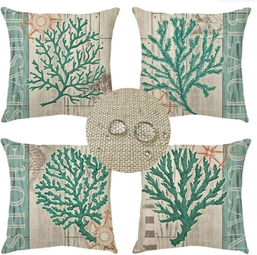 Housse de Coussin 50x50cm Extérieur Imperméable Respirant Lin Corail Motif Canapé Décoratif Taie d'oreiller pour Patio Chambre Jardin Salon Maison Décor Coussin, Lot de 4 Bleu A-671