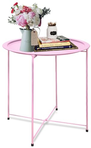 Garden 4 you End Table Metal Side Table Pink Round Folding Tray Cyan Sofa Small Accent Fold-able Table, Round End Table Tray, Next to Sofa Table, Snack Table for Living Room and Bed Room