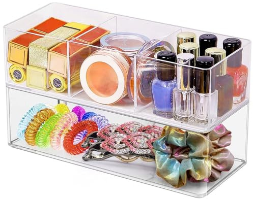 NICKLIN Organizador de Maquillaje Acrílico 2 Cajones,Organizador de Maquillaje Desmontable 1y 3 compartimentos,Transparente Caja de Organizadora Cosméticos de Plastico Apilable para Joyas,Baño,Tocador