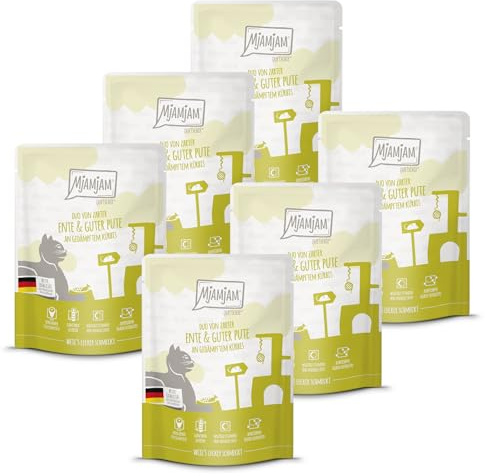 MjAMjAM - Nourriture humide premium pour chats - Quetschie - DUO de canard fondant et dinde savoureuse accompagné de courge à l’étuvée, pack de 6 (6 x 300g), sans céréales avec un supplément de viande