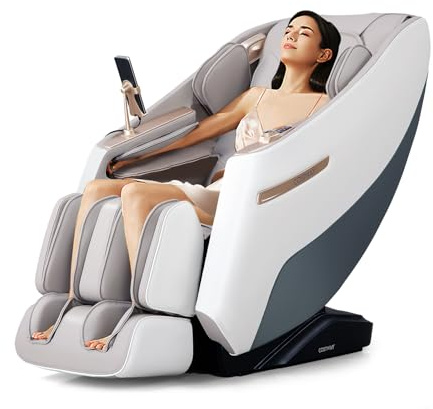 RELAX4LIFE Elektrischer Massagesessel für Ganzkörper, Zero Gravity SL-Schienen-Massageliege mit 12 Automatik-Modi, Massagestuhl mit Luftdruckmassage/Rückenheizung/Fußrollen/Bluetooth (Weiß + Grau)