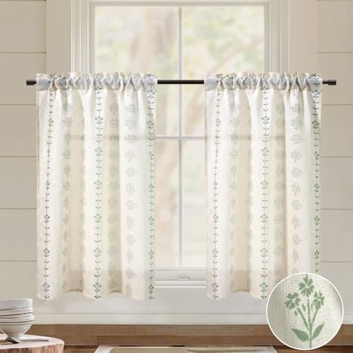Lino Rosa Cafe Curtains 24 Inch Length,Sheer Short Linen Curtains for Boho Kitchen Bathroom Window Decor,Sage Green and Cream