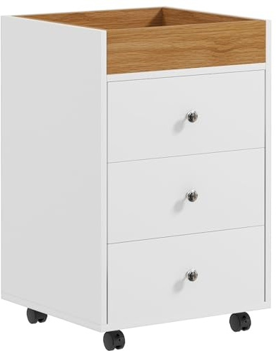 HOMCOM Cajonera de Oficina Mueble Archivador con 4 Ruedas 3 Cajones y 1 Bandeja Extraíble Carga 30 kg para Estudio Salón 43x40x66,5 cm Blanco y Natural