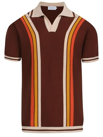 OXKnit - Polo da uomo a maniche corte, polo lavorata a maglia, in stile vintage anni '60, stile Mod retrò, a righe, colore marrone, marrone, S