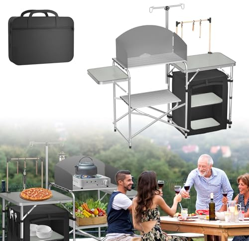 ACXIN Campingkök, vikbart campingskåp, kökslåda, resekök, med aluminiumram, förvaringsfack, bordsskiva, inkl. bärväska (2 fack)
