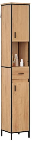 EUGAD Badezimmerschrank, Badschrank schmal, Hochschrank Badezimmer, Bad Schrank stehend, mit Schublade, offenem Fach, verstellbaren Ablagen, 30x180x30 cm, schwarz helle Eiche