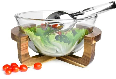 Sendez Ensaladera de cristal con cubiertos para ensalada sobre estructura de madera, 4,4 l, cuenco de cristal, ensaladera