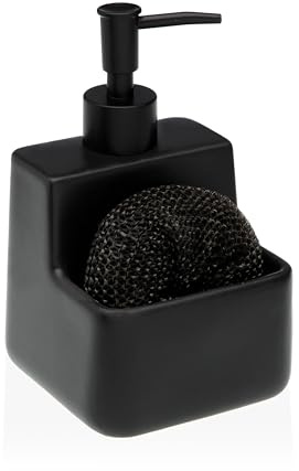 Dispenser di Sapone con Porta Spugna – Design Moderno e Funzionalità per la Tua Cucina - Per lavello-Per pompa con porta spugna-Dispenser ricaricabile-Quadrato (Nero)