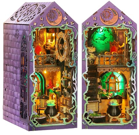 Book Nook Kits for Adults - Magic Wizard House DIY 3D Puzzle | Booknooks Bookshelf Decor Kit | Unique Gifts for Adults with LED (Purple)