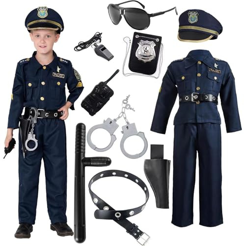 Polizeikostüm Kinder 13Stück Polizei Kostüm Set mit Polizei-Hut Gürtel Handschellen Polizeizubehör Deluxe Polizistenkostüm für Jungen Kostüm Kind Verkleidung für Halloween Festival 140 152 164 6 Jahre