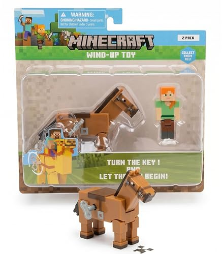 P.M.I. Minecraft Wind-Up Toy - Juego de 2 figuras de acción de Alex & Horse con mecanismo de marcha mecánica, juego de personajes coleccionables de Minecraft para fans y coleccionistas