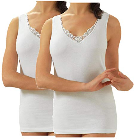 BODYPERFECT Lot de 2 débardeur Femme épaule Large en Coton avec col en V en Dentelle (Bianco, 3XL)