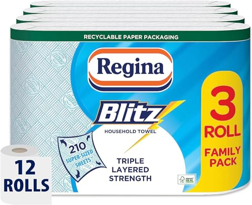 Regina Blitz Household Towels – 12 Triple Layered Rolls, 70 Sheets Per Roll, Recyclable-Paper Packaging, FSC Certified Paper, 60% Larger Than Standard Kitchen Roll Sheets