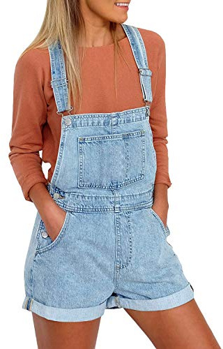 Roskiky Salopette en jean à boucle pour femmes avec poches à revers, Bleu clair, L