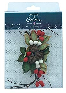 House of Cake Pine Cone & Holly Cake Decoration, Festive Flower Spray Topper For Christmas Cakes, Food Safe, Red and Green