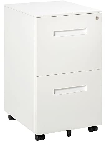 Vinsetto Metal Mobile File Cabinet with Wheels, Lockable 2 Drawer Filing Cabinet for A4, Legal, Letter, Compact Under Desk Storage Unit with Pre-Assembled Body for Home Office, 39 x 48 x 67cm, White