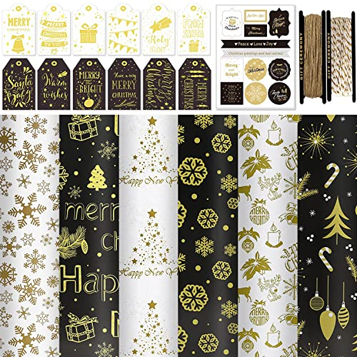 FullJoyHut Geschenkpapier Weihnachten 6 Blatt Kraft Recyceltes Weihnachtspapier 70X50CM, 6 Geschenkanhänger, 12 Aufkleber, 2 Rollen Bindfäden Packseil Weihnachten Geschenkverpackung