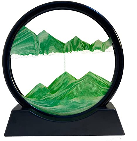SANDCLE Peinture de Sable Mobile - Cadre Sablier, Images de l'Art en Mouvement, Dynamique dans un Verre Rond, 3D Paysage pour le Bureau Maison Décoration (Vert, 7 Pouces)