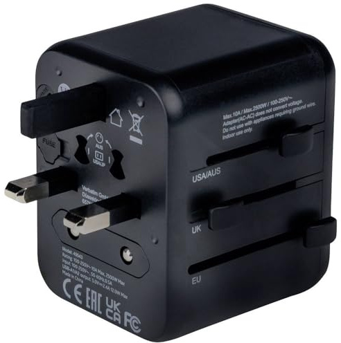 Verbatim Universal reseadapter UTA-S01, uttagsadapter med 2 USB-A-portar, resekontakt för bärbar dator, mobiltelefon, kamera och Co, kan användas över hela världen, 100–250 V