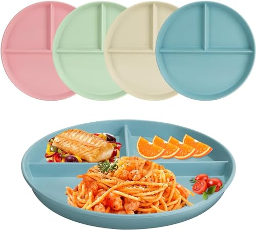 9 Zoll Geteilte Speiseteller Sets, 4 Stück unzerbrechliche Diät-Teller, Portionskontrolle Geteilte Teller Tiefe Picknick Teller Wiederverwendbares Geschirr Set Dessertteller für Erwachsene Kinder